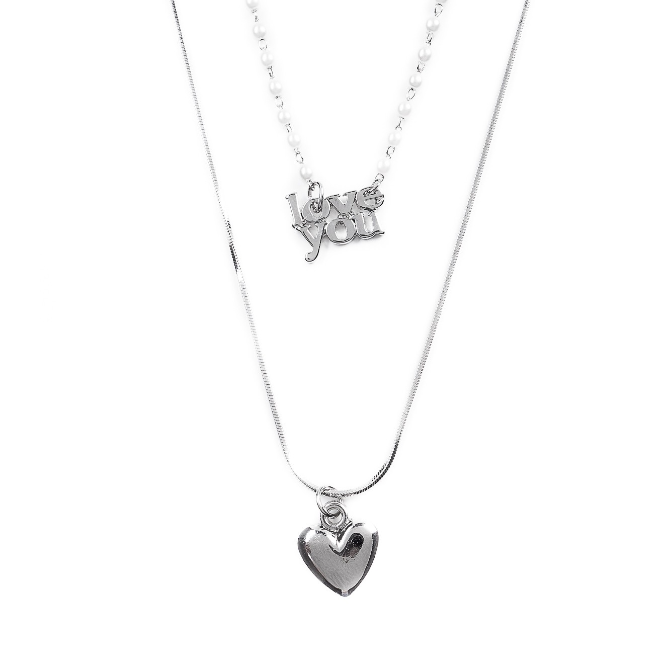 Фото Колье Moon Paris Ringo две цепи,с жемчугом и подвеской love you MR-22.04-108 серебристый